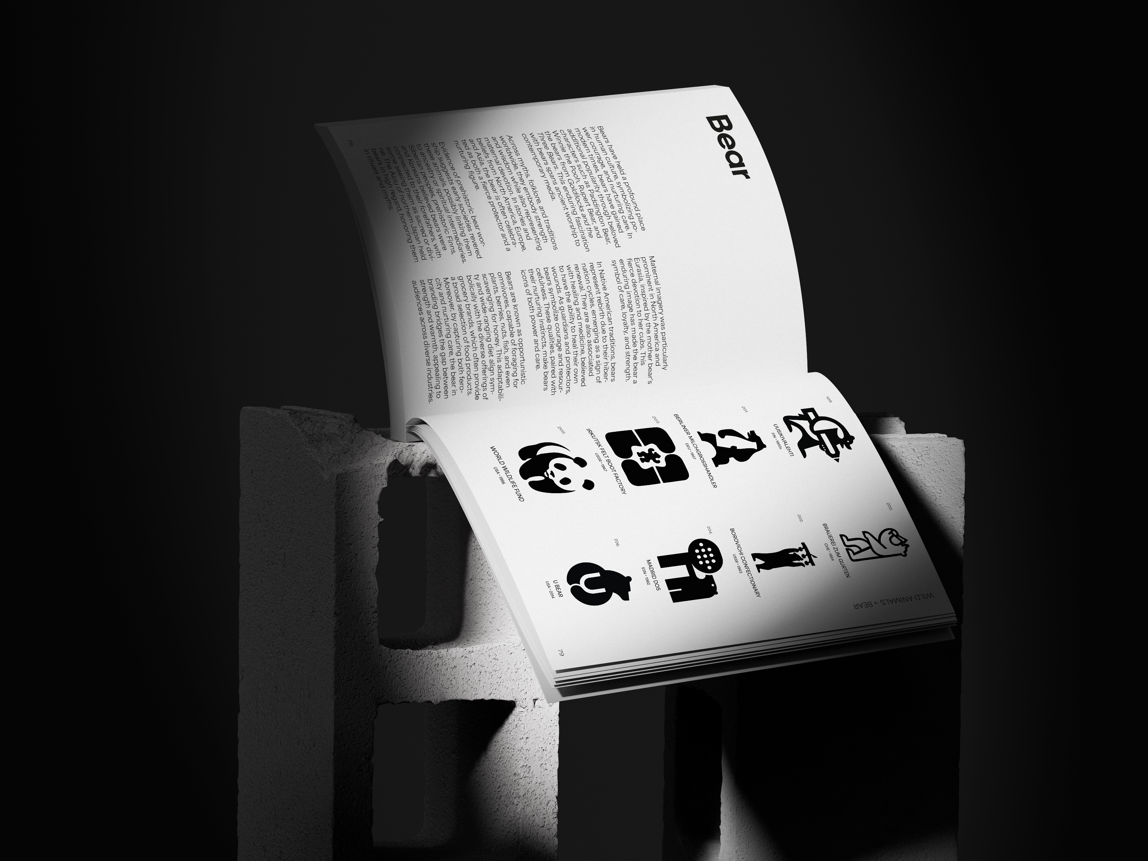 opened book presenting the contents: text about bears symbolism and examples of logos using a bear silhouette
