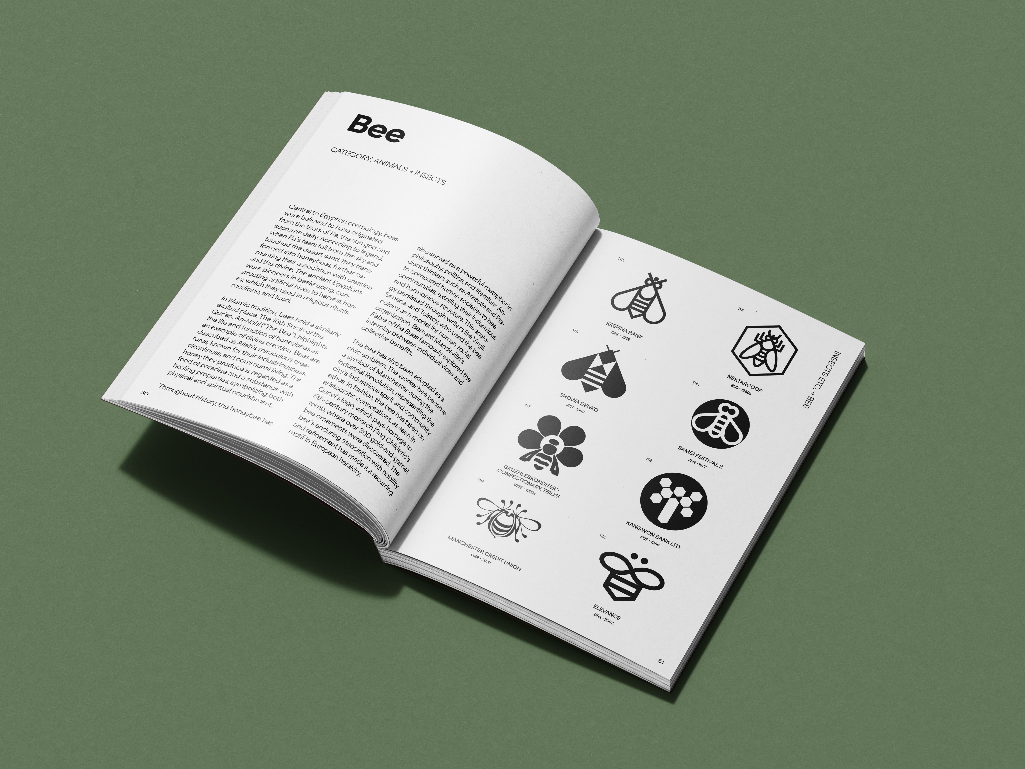 opened book presenting the contents: text about bee symbolism and examples of logos using a bee silhouette